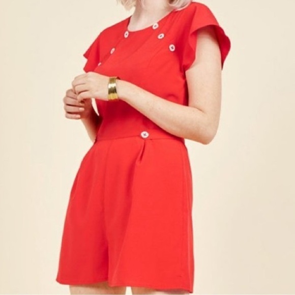 Modcloth Nostalgic Discovery Romper Red Short Sleeve Shorts Nautical Sailor 3x - Picture 3 of 8